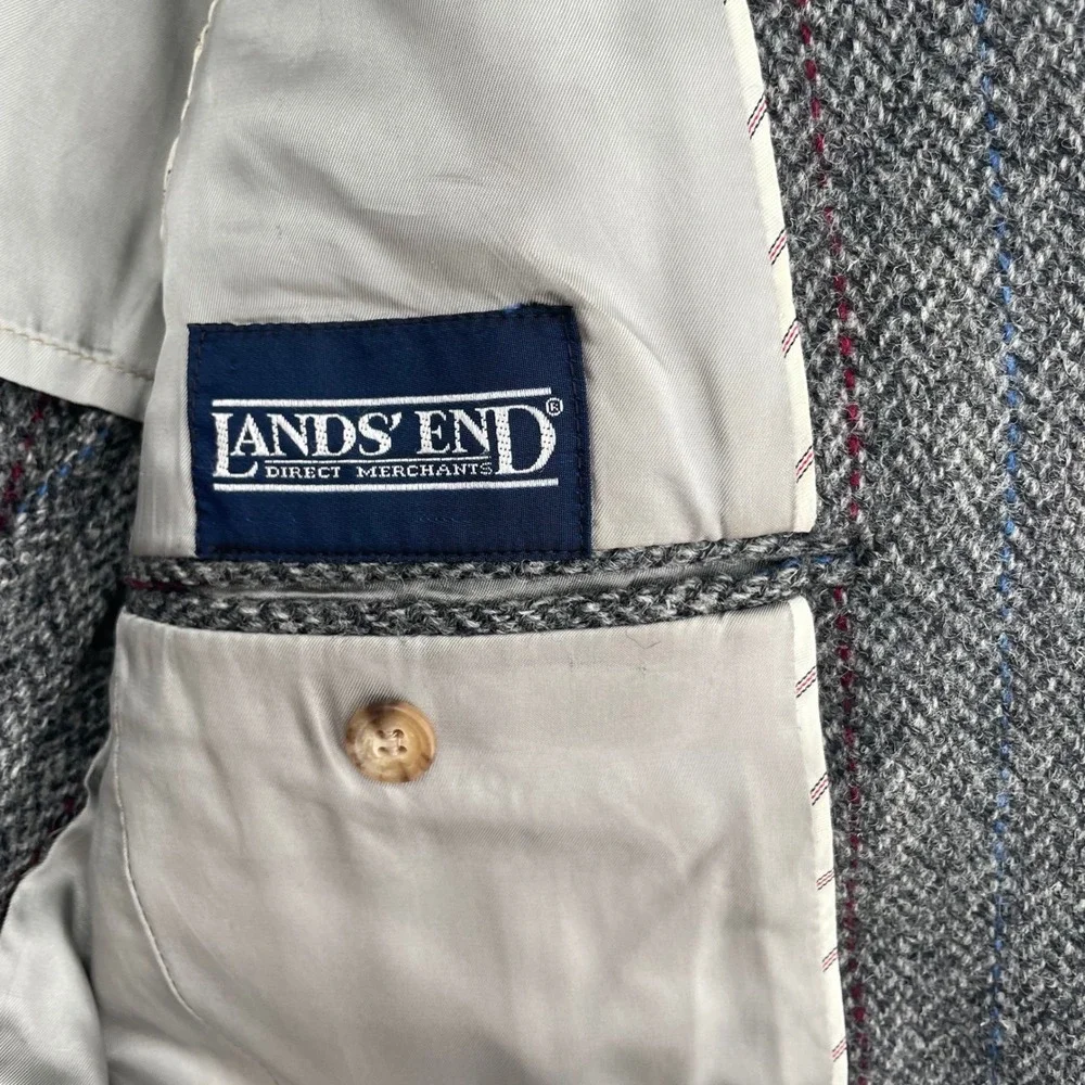 Lands End Harris Tweed Blazer Mens 38R Grey Herringbone Scottish Wool Sport Coat